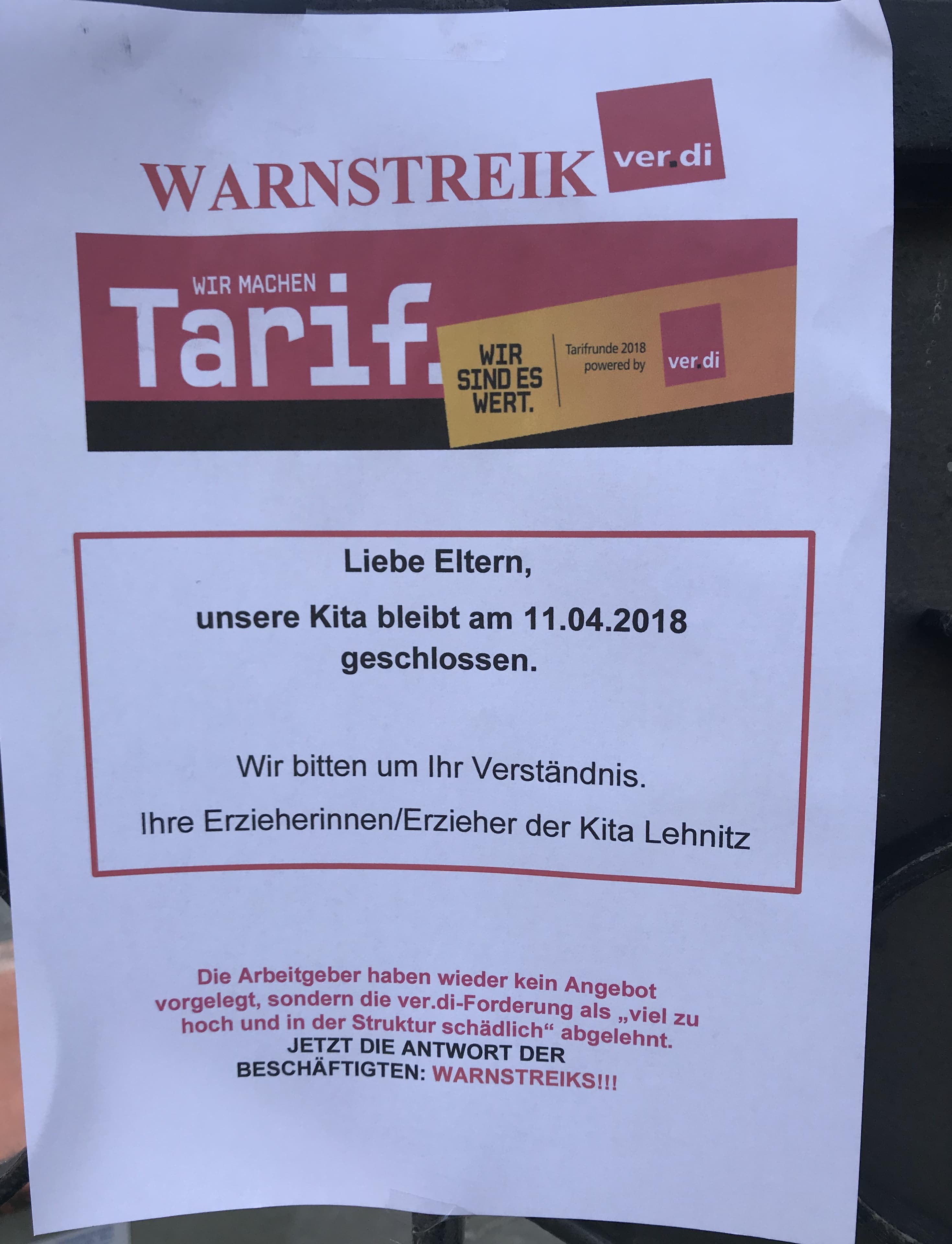 Warnstreik Kita Lehnitz - Aushang 9.4.2018