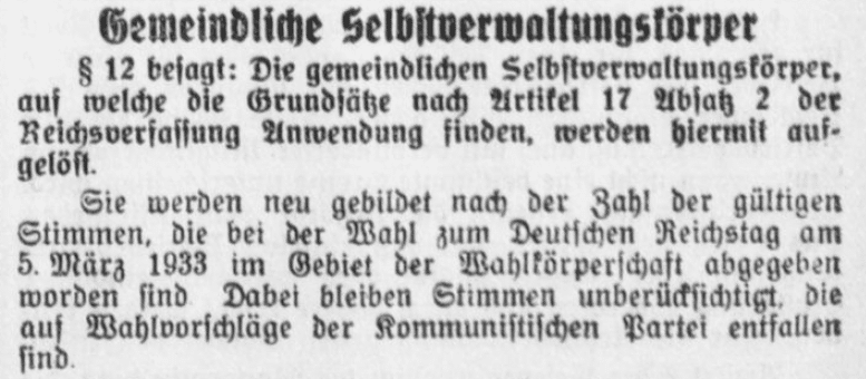 „Vorläufiges Gesetz zur Gleichschaltung der Länder…“, veröffentlicht am 2. April 1933 im Briesetal-Boten. Kopie B. Becker