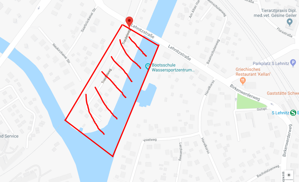 Treidelweg Google Maps - grober Sperrkreis zwecks weiterer Untersuchung